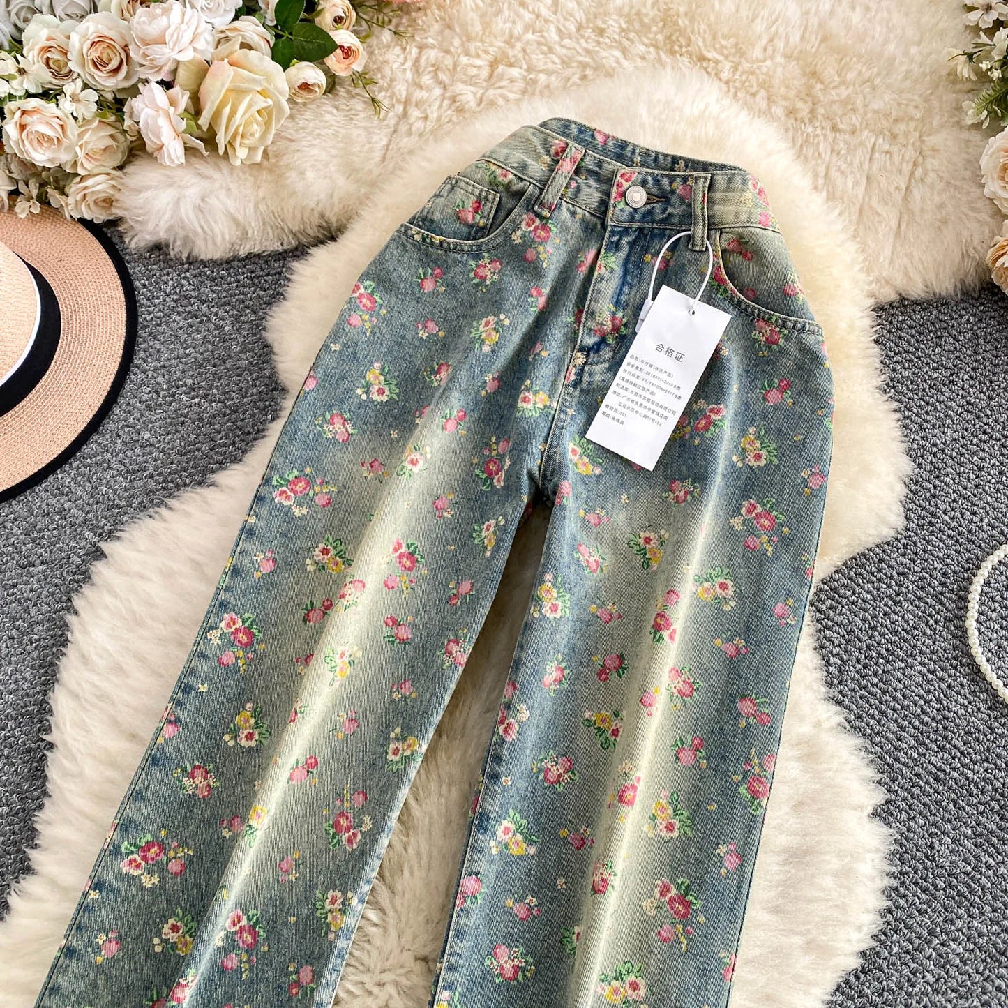 Women's Fashion Floral Print Denim Pants Colorful Flower Wide Leg Trousers Female Spring Autumn Versatile High Waist Blue Jeans