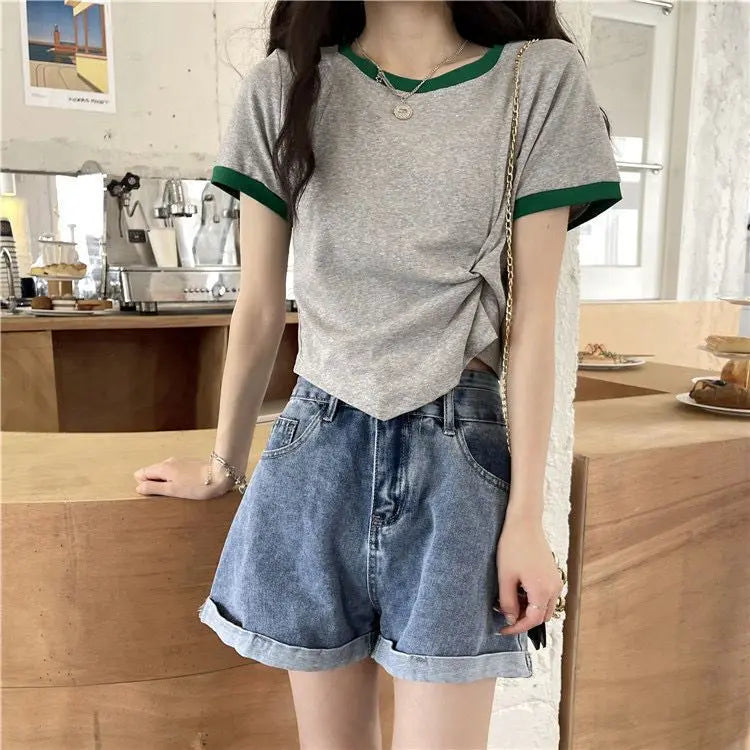 Women's Tops Trendy French Niche Girls T-shirts Chic Irregular Splicing Contrasting Colors Korean Style Modification Ins Style