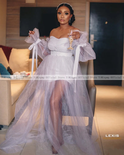 New Wedding Dresses Bride Robes Bridal Shower Gown Off Shoulder Sweet Heart Side Split A line Ruffles Covered Button Customized