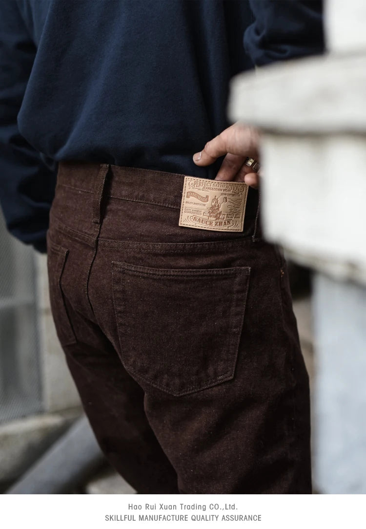 Saucezhan Men Jeans Brown Jeans Men Jeans Trousers  Selvedge Denim Jeans for Men Taper Fit Mens Jeans vintage 13.8 Oz