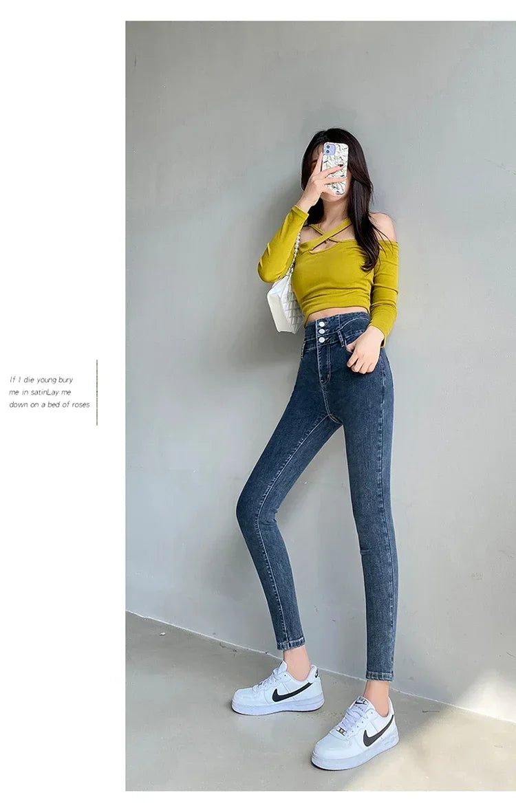 New Women's High Waist Stretch Jeans Blue Black Gray Fashionable and Versatile Multi-button Popular Slim Denim Long Pants Female