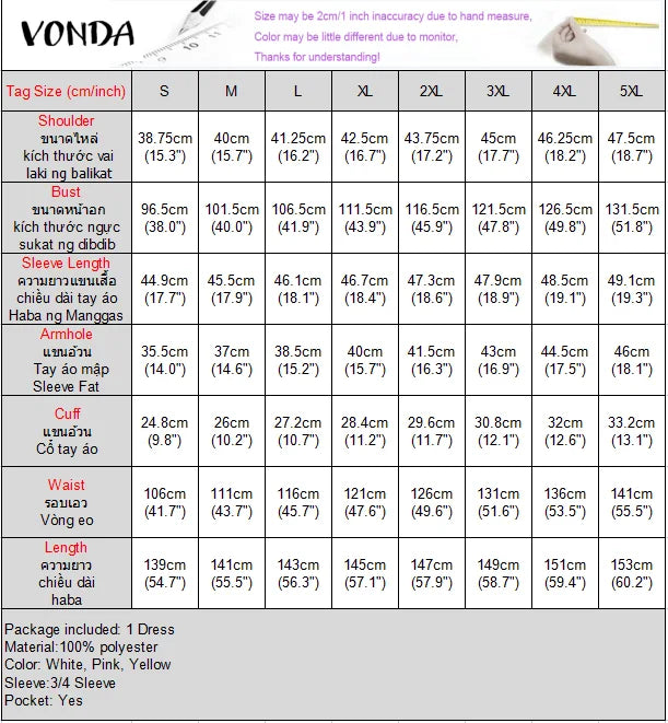 VONDA Plus Size Ruffled Women Bohemian Vestidos Autumn Long Maxi Robe Print Party Elegant 3/4 Sleeve Casual Loose Dress 5XL