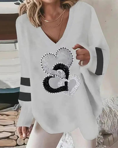 Women's white Blouse  Tops Spring fall Fashion Love Print Long Sleeve Loose V Neck Pullover Irregular Hem Casual T Shirt women