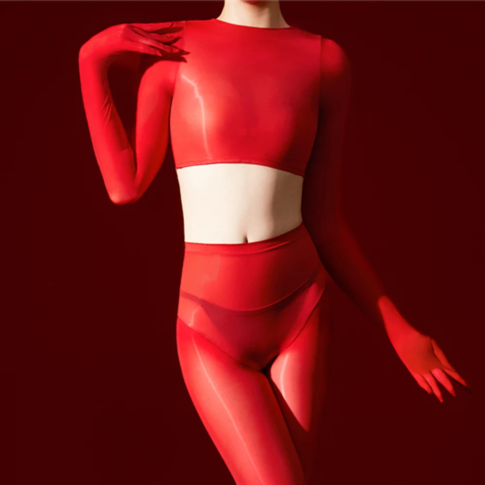 Sexy Women 5D 912 Pin Glove Sleeve Short Top Elastic T-shirt Sheer See Through Maid Tights Oil Glossy Shiny Crop Tops Yoga Wear