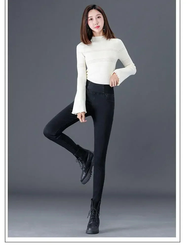 High-waisted Jeans Women's Trousers Autumn and Winter New Slim-fitting Elastic-waisted Trousers with Velvet