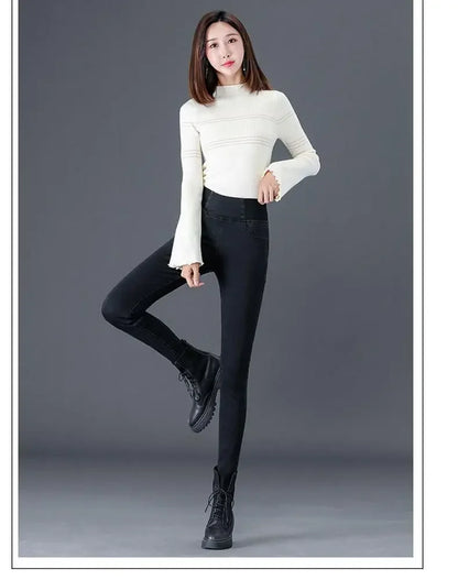 High-waisted Jeans Women's Trousers Autumn and Winter New Slim-fitting Elastic-waisted Trousers with Velvet