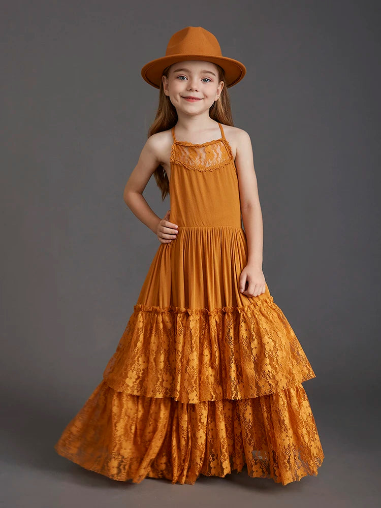 Plus Size Princess Girls Lace Long Dresses Baby Kids Flower Wedding Christmas Party Vestidos Children Clothing For 3-15 Years