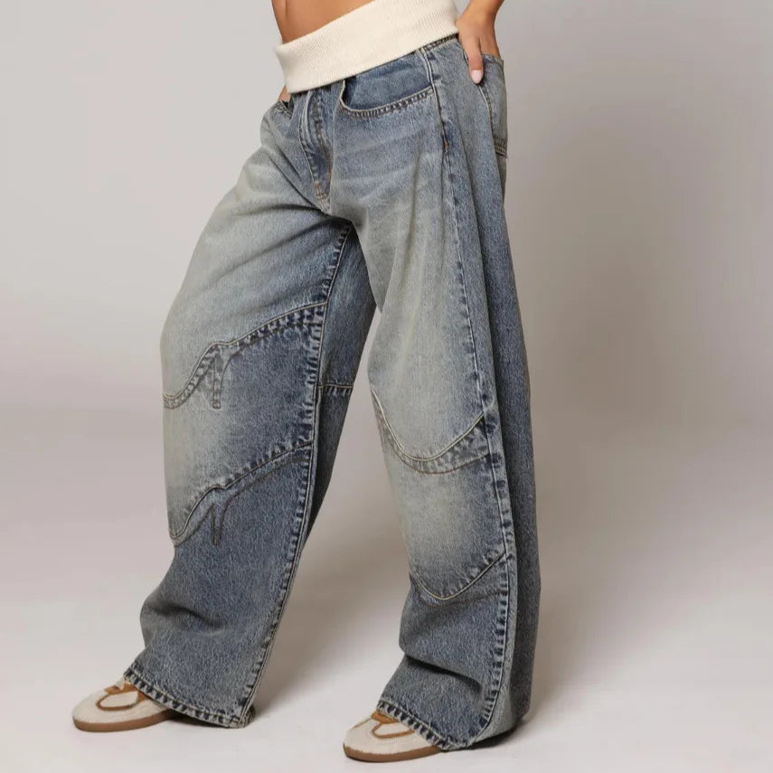 Women's Hip Hop Splice Fashion Basics Retro Jeans Simple Dressing Up Daily Necessary Wide Leg Pants Baggy Cargo Pants