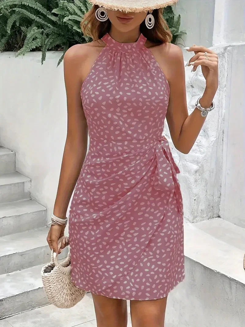 Women's Print Floral Dress Fashion Elegant Sexy Sleeveless Neck-mounted Mini Dresses Lady Summer Casual Beach Party Dress Femmes