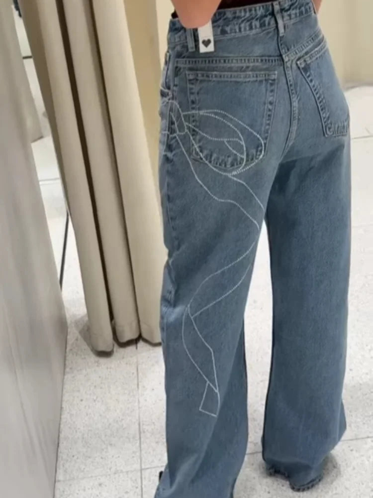 2025 Women Diamonds Denim Jeans Solid Loose Straight Long Pants Woman Casual High Waisted Pockets Streetwear Baggy Trousers