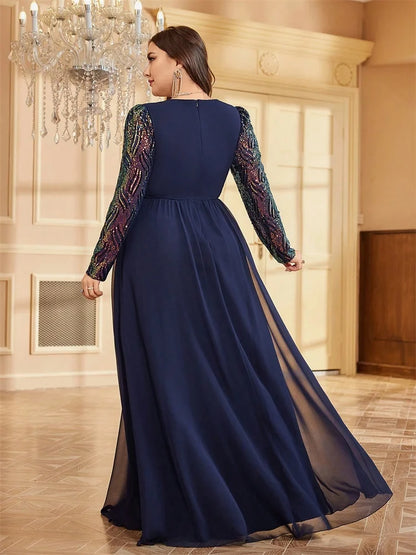 Plus Size Luxury Chiffon Long Sleeve Evening Dresses Women Sequin Red Wedding Party Cocktail Prom Floor Lenght Gowns