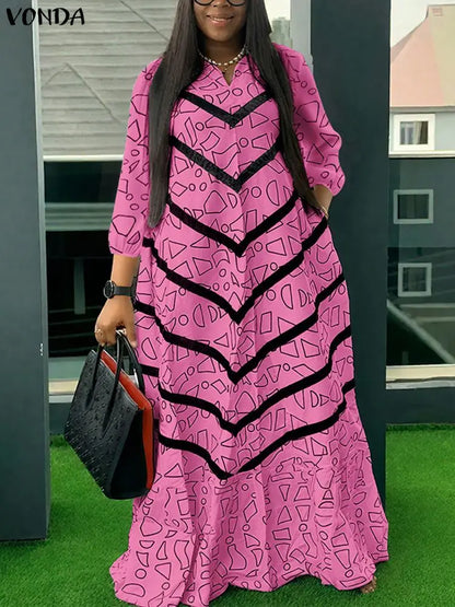 VONDA Plus Size Ruffled Women Bohemian Vestidos Autumn Long Maxi Robe Print Party Elegant 3/4 Sleeve Casual Loose Dress 5XL