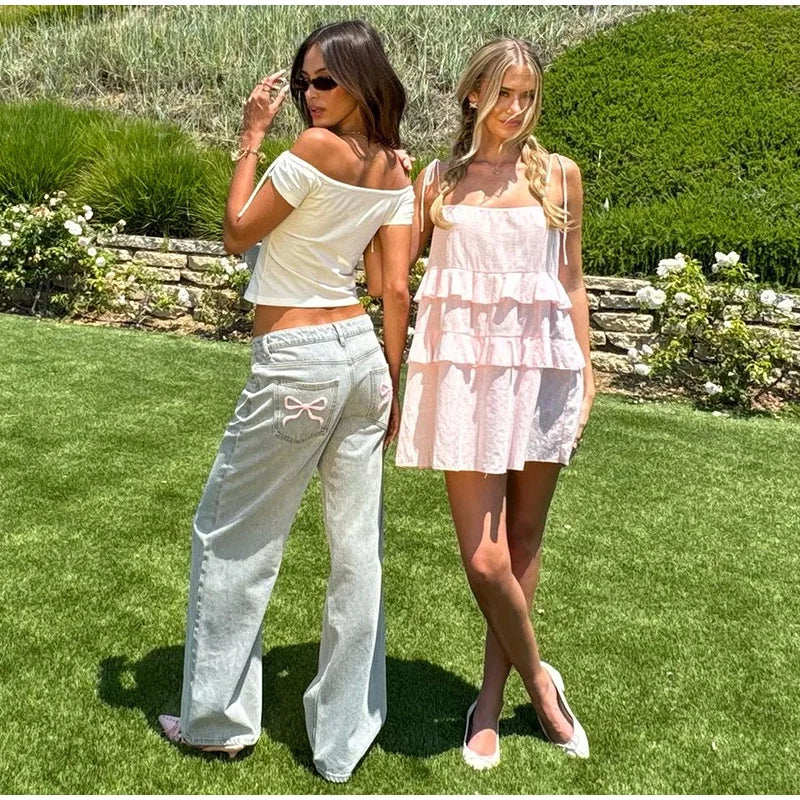 Blue Jeans for Women Pink Bow Embroidery Jeans Y2K Straight High Waist Vintage Casual Trousers Female Wide Leg Designer Pants