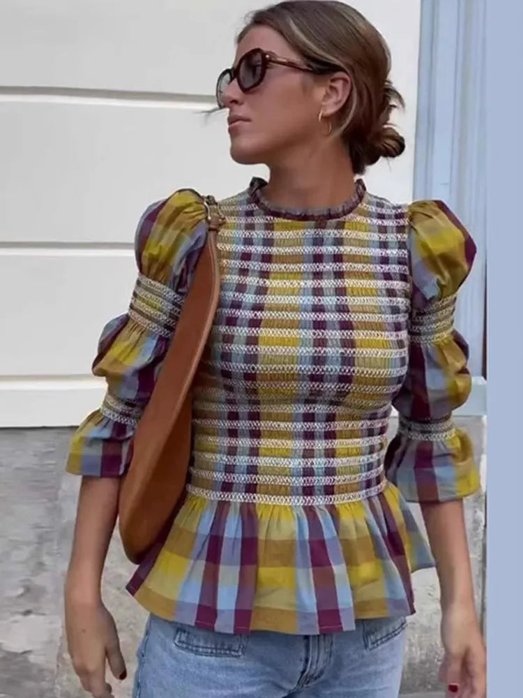 Women's Tops Vintage Plaids Elastic Pleated T Shirt Casual O Neck Long Sleeves Ruffles Hem Top Spring Chic Lady High Street Wear