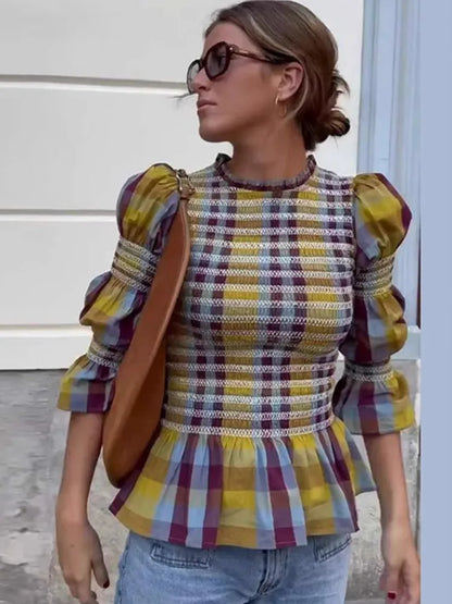 Women's Tops Vintage Plaids Elastic Pleated T Shirt Casual O Neck Long Sleeves Ruffles Hem Top Spring Chic Lady High Street Wear