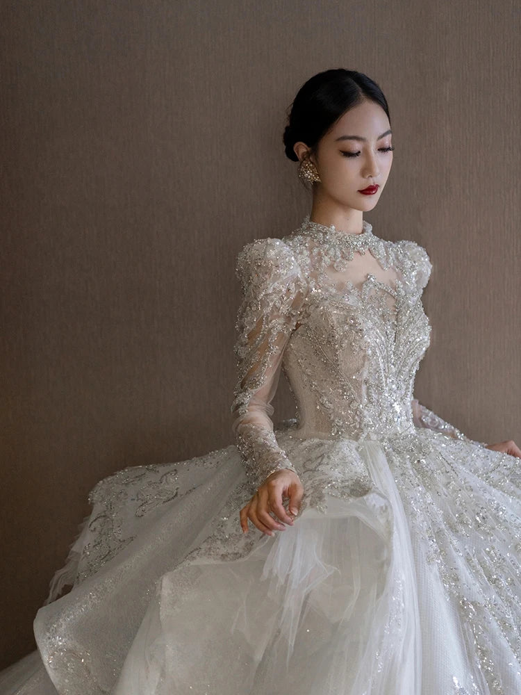 Customized Luxury Bridal Main Dress Long Sleeve Wedding Dress Light High-end Heavy Industry Tail High-quality Vestidos De Noiva