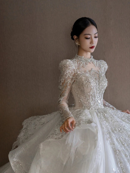 Customized Luxury Bridal Main Dress Long Sleeve Wedding Dress Light High-end Heavy Industry Tail High-quality Vestidos De Noiva