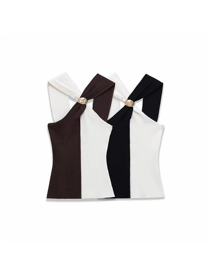 Women New Halter Tops Fashion Metal Decoration Crop Top Woman Sleeveless Knitted Short Tops For Women Sexy Party Top