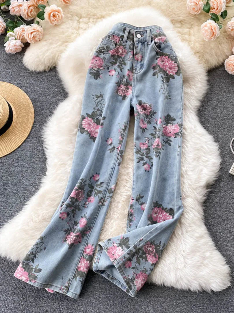 Flowers Print Jeans Women Vintage High Waist Denim Long Pants 2025 Fashion Autumn Casual Wide Leg Full Length Denim Trousers