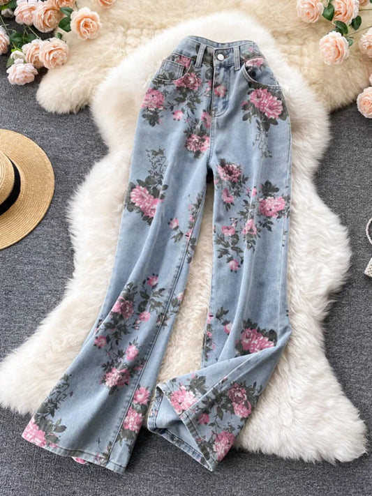 Flowers Print Jeans Women Vintage High Waist Denim Long Pants 2025 Fashion Autumn Casual Wide Leg Full Length Denim Trousers