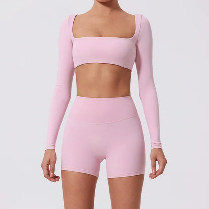 Yoga Clothes 2PCS Gym Set Sports Shorts Set Women Long Sleeved High Waist Shorts Fitness Suit Running Workout Tracksuit XP133