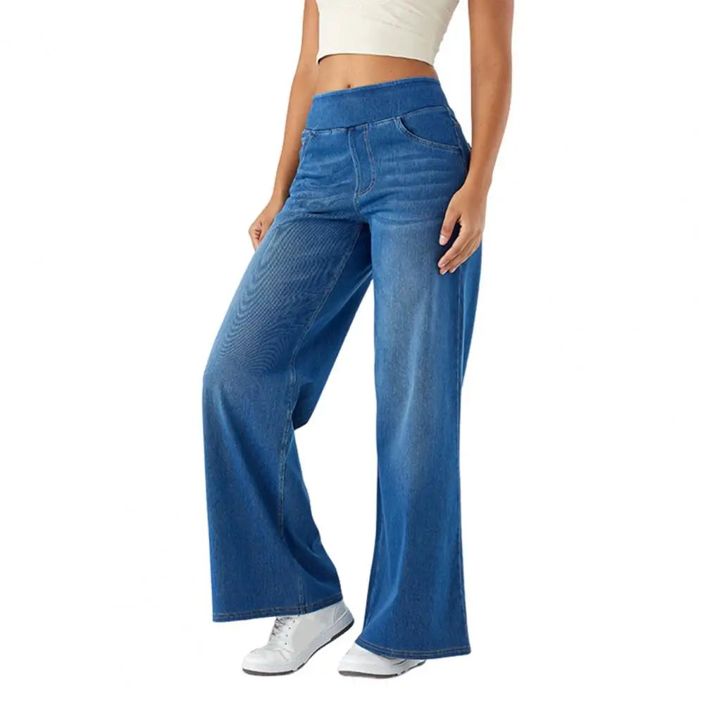 Women Jeans With Pockets Elastic High Waist Solid Color Full Length Pants Straight Wide Leg Trousers Sweatpant Daily Commuting
