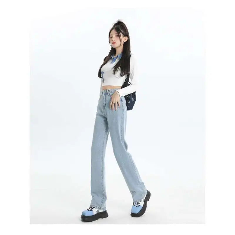 Woman Vintage Wide Leg Jeans Girls High Waist Pants Female Fashion Black Black Grey Retro Blue Light Blue Pink Denim Trousers