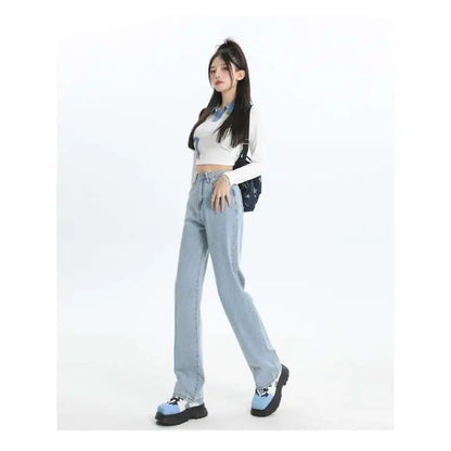 Woman Vintage Wide Leg Jeans Girls High Waist Pants Female Fashion Black Black Grey Retro Blue Light Blue Pink Denim Trousers