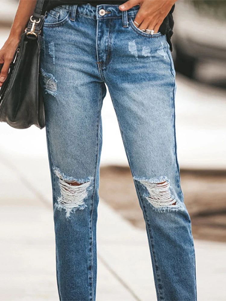 Casual Straight Jeans Women High Waisted Washed Skinny Ripped Slim Denim Pants 2025 Autumn Fashion Trend Commute Lady Trousers