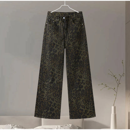 High-Waisted Leopard Print Denim Jeans for Women Retro Slim Straight Leg Trousers Vintage Y2k Hip Hop Streetwear Lady Fashion