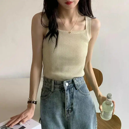 2025 Spring Women Crop Tops Strapy Casual Camis Sleeveless Tank Tops Cute Casual Tops Plain Camis Square Tops for Women Korean