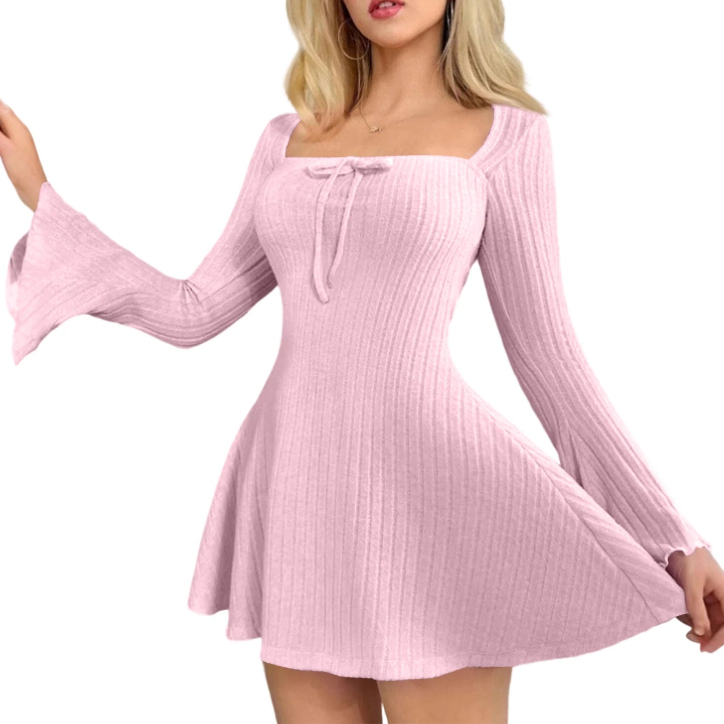 Dresses Women Blush Ribbed Bell-Sleeve Mini Dress Casual Date Party Street Daily 2026 Trendy Solid Multi Color Nuevo Estilo