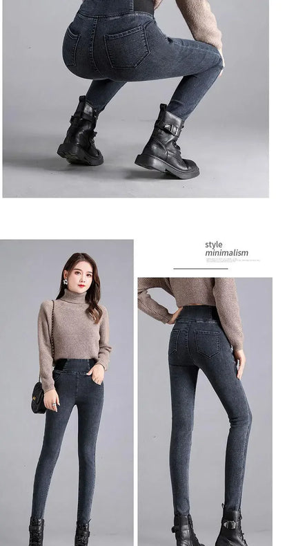 High-waisted Jeans Women's Trousers Autumn and Winter New Slim-fitting Elastic-waisted Trousers with Velvet