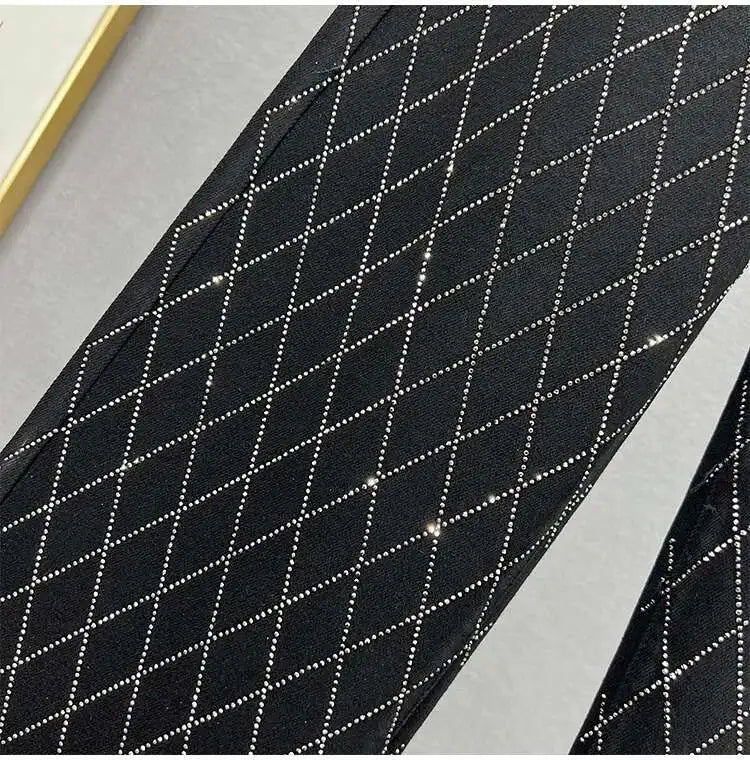 Fashion Women's Jeans High Waist One Side Plaid Shape Diamonds Wide Leg Denim Pants 2025 New Classic Straight Trousers