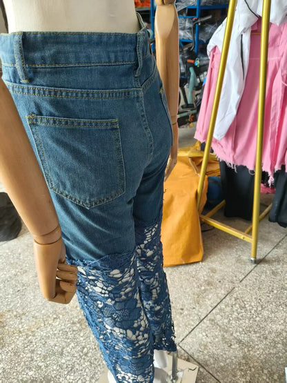 Fashion Elegant Jeans for Women High Waist Lace Patchwork Pantalones Hollow Out Oversized Spring Casual Loose All Match Pants