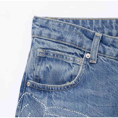 2025 Women Diamonds Denim Jeans Solid Loose Straight Long Pants Woman Casual High Waisted Pockets Streetwear Baggy Trousers
