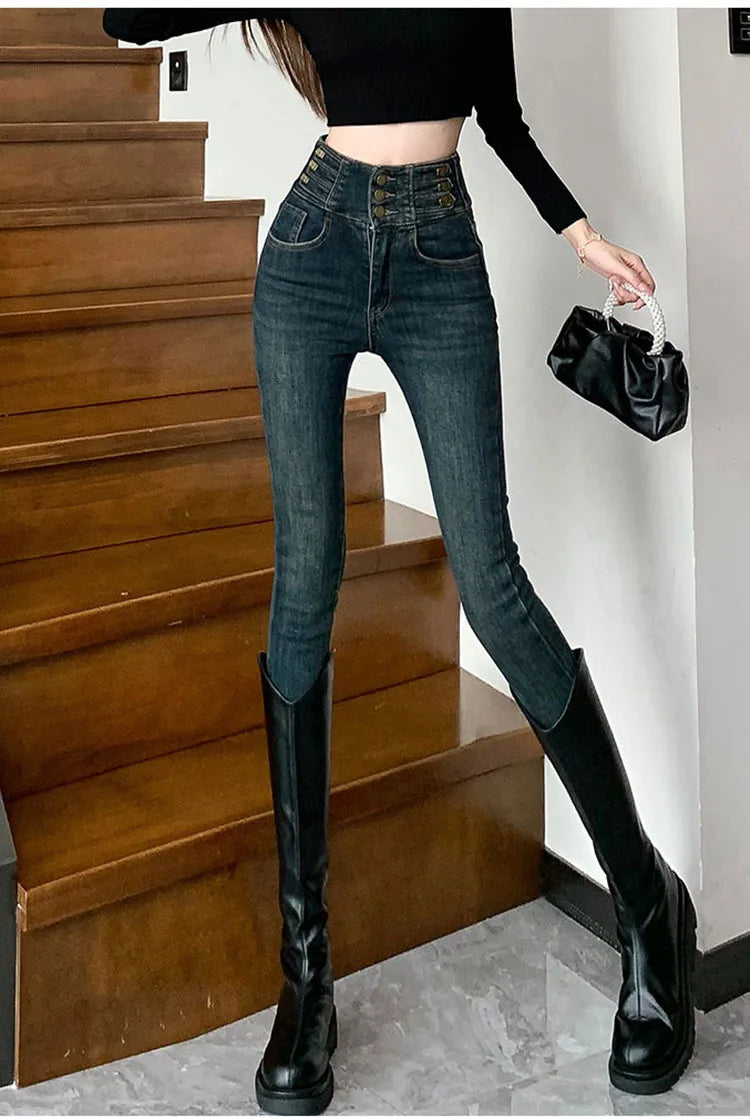 winter warm thick fleece woman's jeans with high waist jeans woman mom jeans women's jeans for women jean femme clothe black