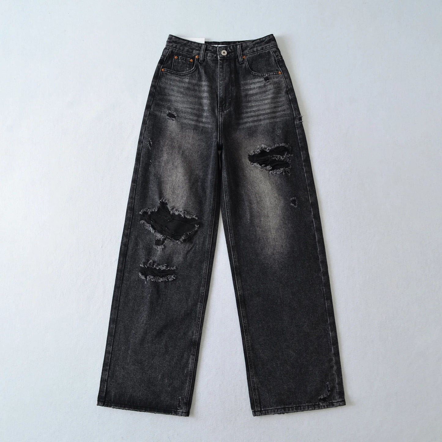 Women's Destroyed Jeans 2025 Spring Summer High Waist Loose Leg Floor-Length Distressed Denim Vintage Daily Staple