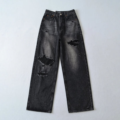 Women's Destroyed Jeans 2025 Spring Summer High Waist Loose Leg Floor-Length Distressed Denim Vintage Daily Staple