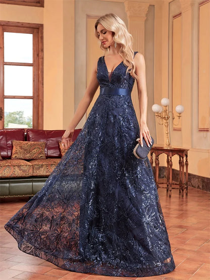 Luxury Sexy Deep V-Neck Sequins Blue Evening Dresses Women Elegant V-back Wedding Party Long Prom Cocktail Dress