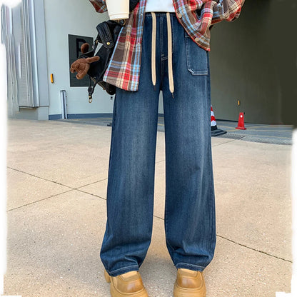 Women's Deep Blue High Waist Denim Pants 2025 Summer Casual Loose Drawstring Jeans Simple Pocket Straight Wide Leg Denim Pants