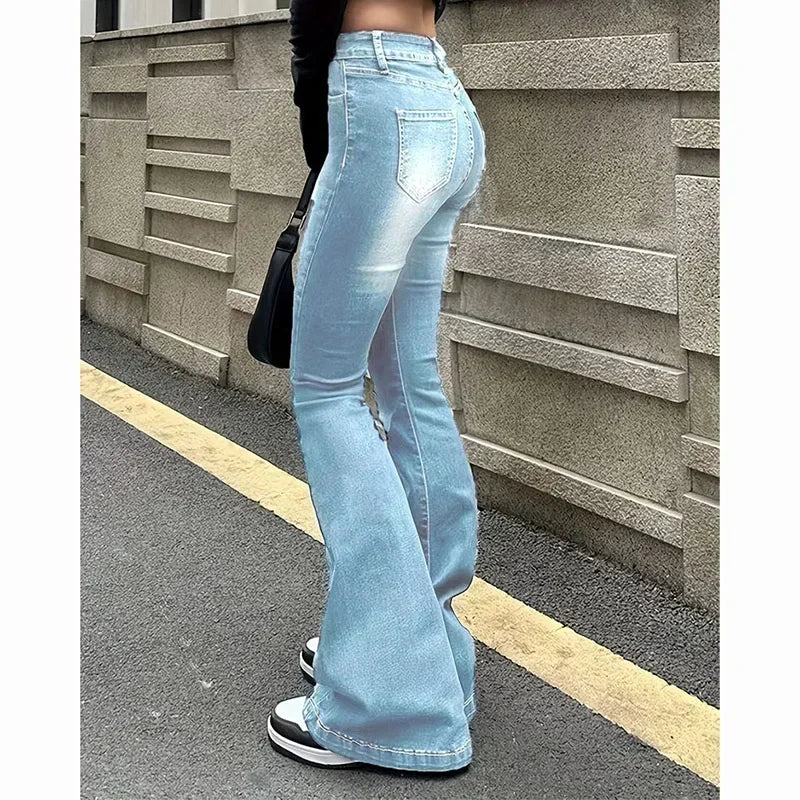 Women High Waist Flare Jeans Lady Fashion Comfortable Bootcut Denim Pants Female Slim Fit Bell Bottoms Retro Blue Nice Trousers