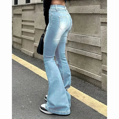Women High Waist Flare Jeans Lady Fashion Comfortable Bootcut Denim Pants Female Slim Fit Bell Bottoms Retro Blue Nice Trousers