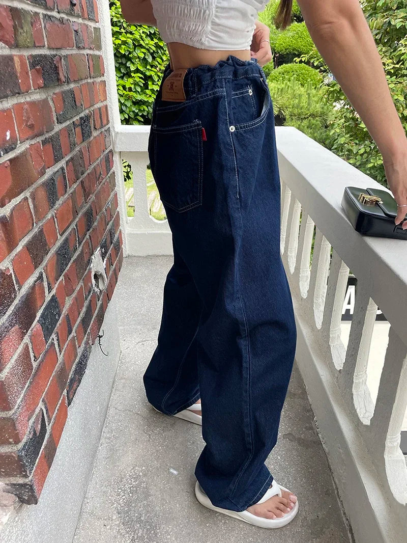 Korean Ins Retro Versatile High Waist Women's Straight Leg Jeans Summer New Fashion Loose Drawstring Design Women Wide Leg Jeans