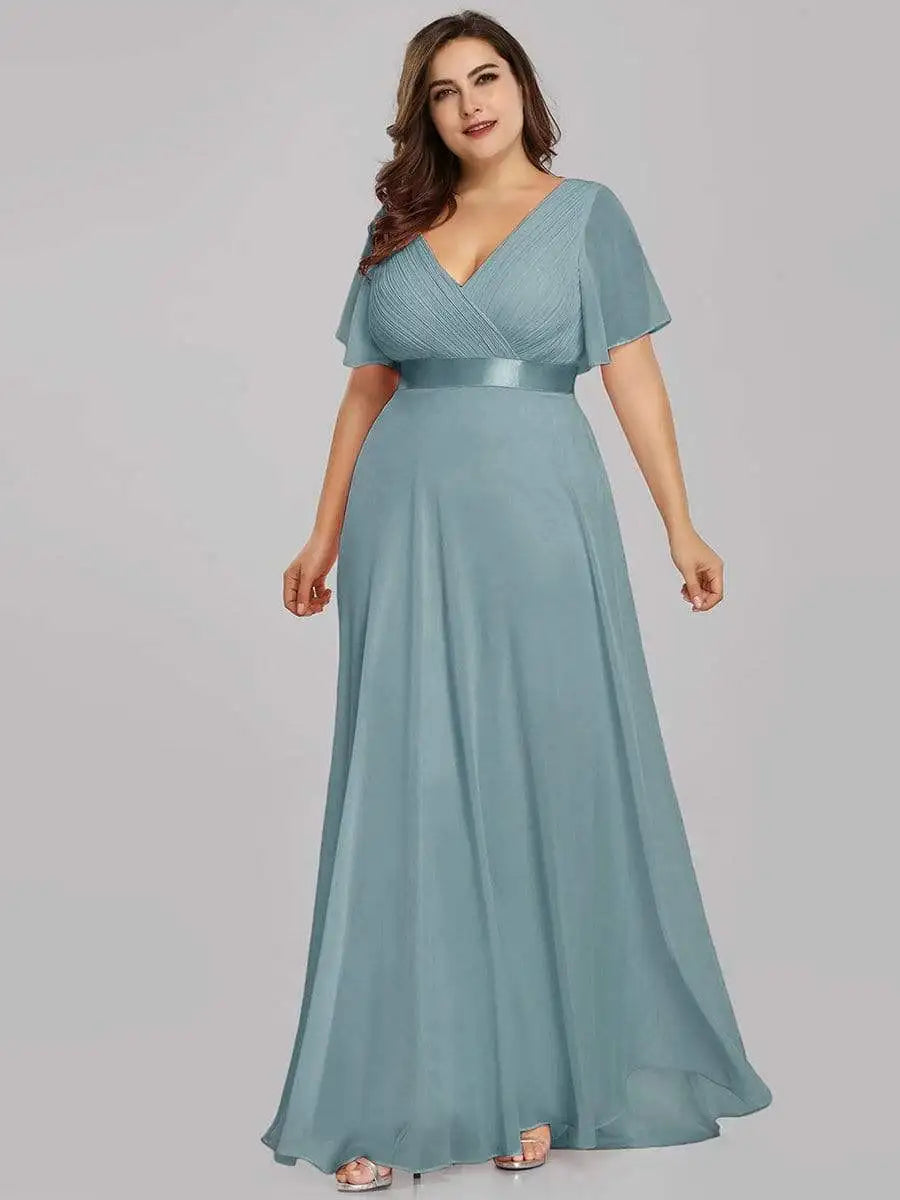 Plus Size Evening Dresses Long XUCTHHC Elegant A Line V Neck Ruffles Chiffon Formal Wedding Party Dress Robe De Soiree 2021