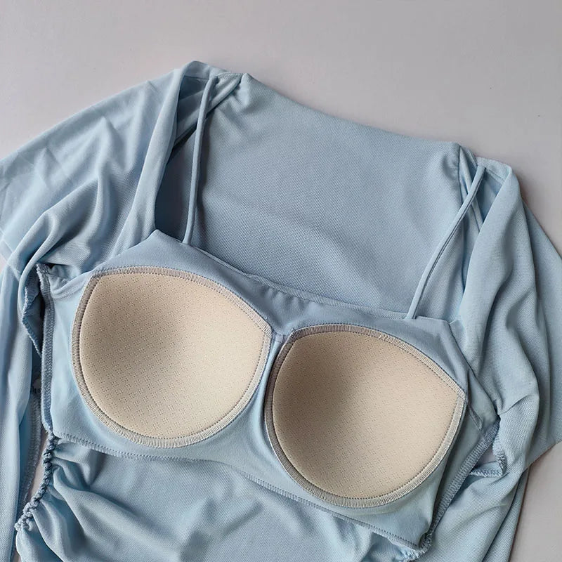 Yoga Clothes Women Sports Tops Fixed Chest Pads Mesh Splicing Slimming Long Sleeves Fashionable Running Training Fitness Clothes