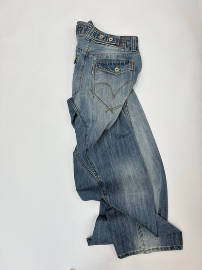 Vintage American-Style Washed Jeans for Women, Mid-Low Waist Design, Loose Wide-Leg, Height-Enhancing, Washed Blue Jeans, Paris Buckle Adjustable Three-Dimensional Arc-Shaped Knife-Cut Trousers
