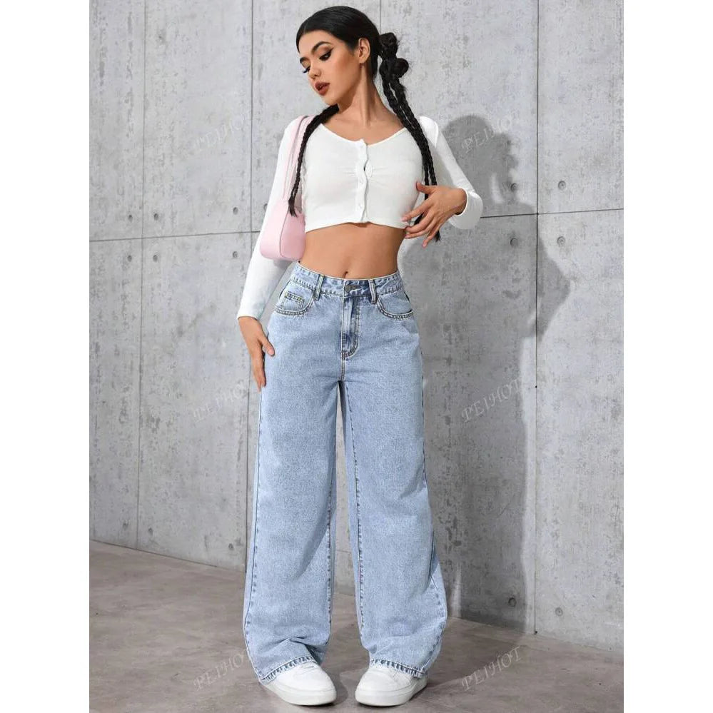 Women's High Waist Straight Leg Jeans plus Size Loose Casual Autumn Pants Sweet And Spicy Style 2025