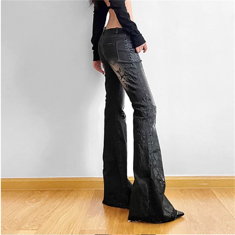 Women Gothic Y2k Flare Jeans Harajuku Baggy Denim Trousers 90s Aesthetic Low Waist Jean Pants Vintage 2000s Trashy Clothes 2024
