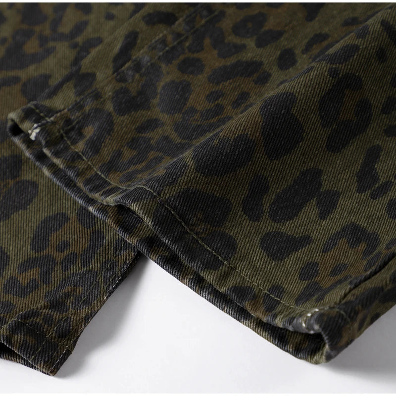 High-Waisted Leopard Print Denim Jeans for Women Retro Slim Straight Leg Trousers Vintage Y2k Hip Hop Streetwear Lady Fashion